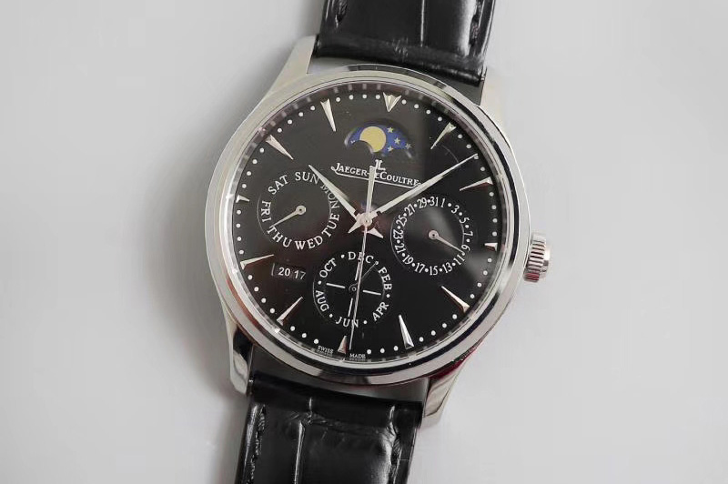 Jaeger-LeCoultre Master Ultra Thin Perpetual Calendar SS V9F 1:1 Best Edition Black Dial on Black Leather Strap A868