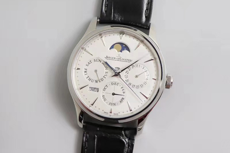 Jaeger-LeCoultre Master Ultra Thin Perpetual Calendar SS V9F 1:1 Best Edition White Dial on Black Leather Strap A868