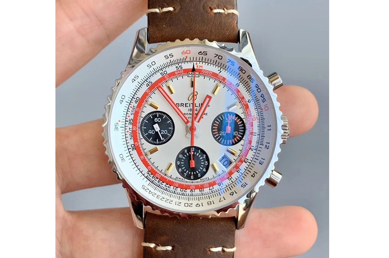Breitling Navitimer B01 Chronograph 43 TWA Editioin SS OXF White Dial Steel Markers on Brown Leather Strap A7750