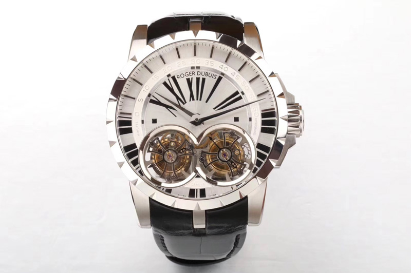 Roger Dubuis Excalibur RDDBEX0280 SS REAL Double Flying Tourbillon JBF White Dial on Brown Croco Leather Strap