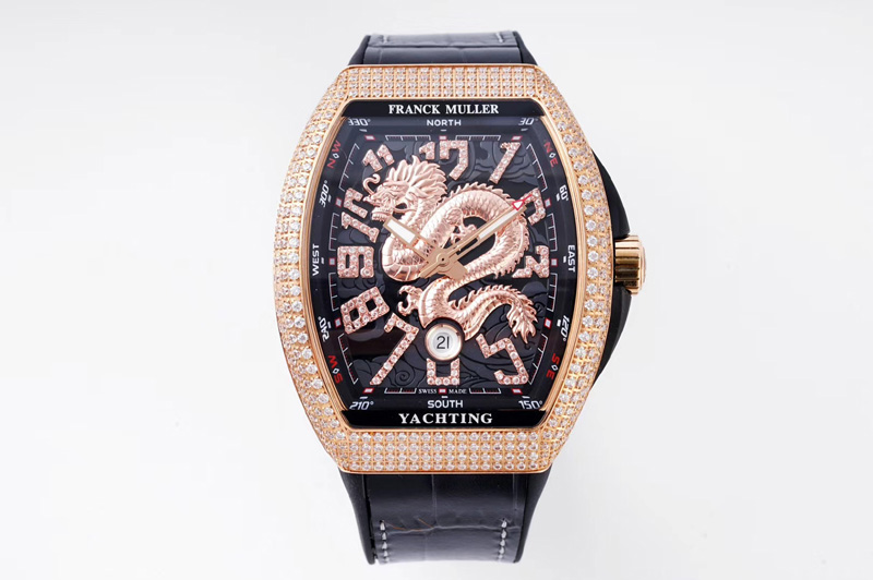 Franck Muller Vanguard V45 RG Full Diamonds ABF Best Edition Black Textured Dial Diamonds Markers With Dragon on Black Gummy Str