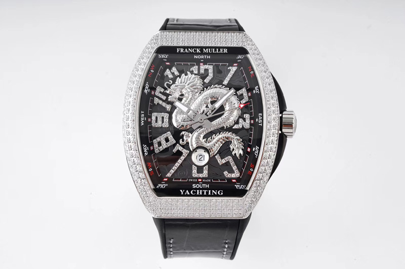 Franck Muller Vanguard V45 SS Full Diamonds ABF Best Edition Black Textured Dial Diamonds Markers With Dragon on Black Gummy Str