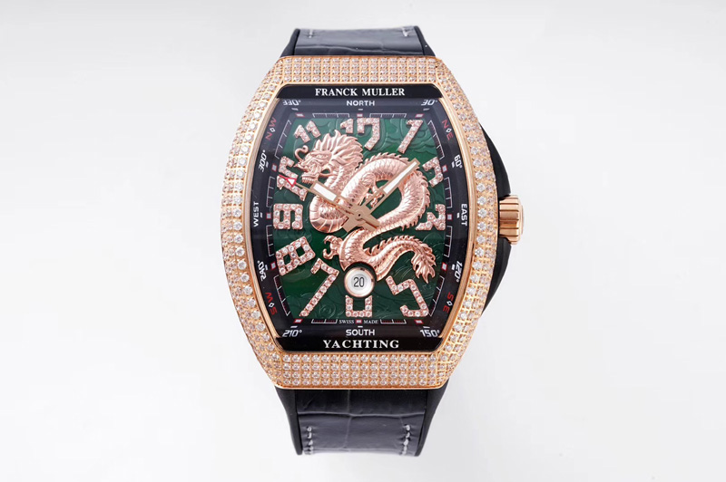 Franck Muller Vanguard V45 RG Full Diamonds ABF Best Edition Green Textured Dial Diamonds Markers With Dragon on Black Gummy Str
