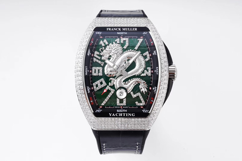 Franck Muller Vanguard V45 SS Full Diamonds ABF Best Edition Green Textured Dial Diamonds Markers With Dragon on Black Gummy Str