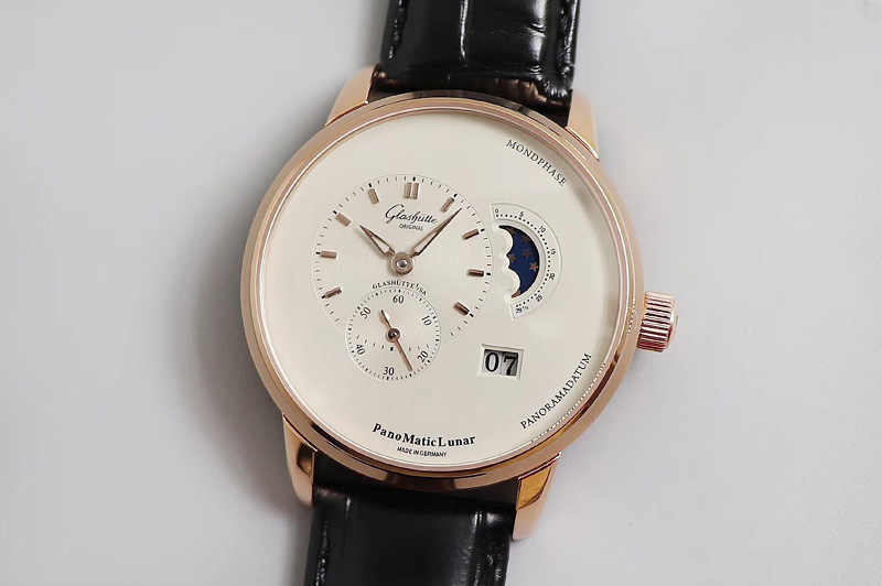 Glashutte PanoMaticLunar RG TZF White Dial on Black Leather Strap A23J