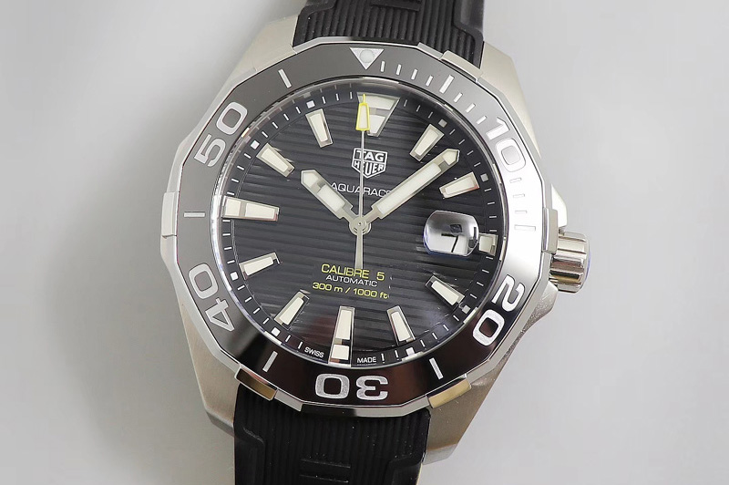 Tag Heuer Aquaracer Calibre 5 SS 43mm OXF 1:1 Best Edition Ceramic Bezel Black Dial "Double Yellow" on Rubber Strap SW200