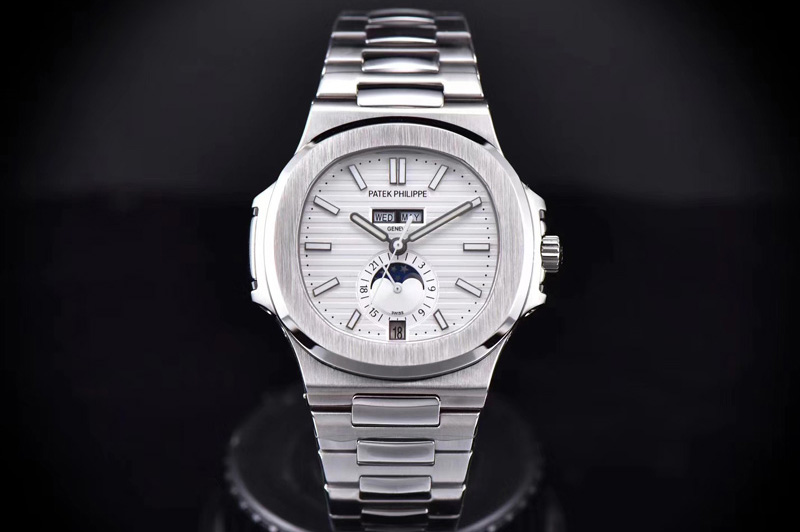 Patek Philippe Nautilus SS 5726/1A-014 PP Best Edition White Textured Dial Working Annual Calendaron on SS Bracelet A324