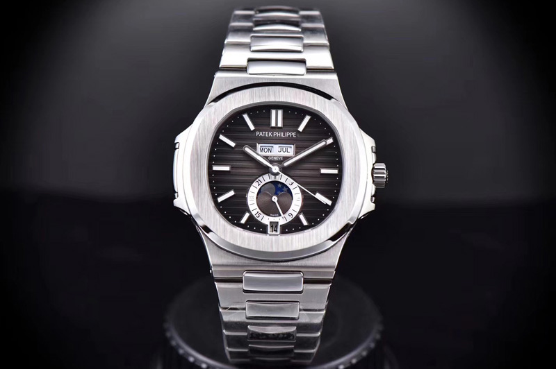 Patek Philippe Nautilus SS 5726/1A-014 PP Best Edition Gray Textured Dial Working Annual Calendaron on SS Bracelet A324