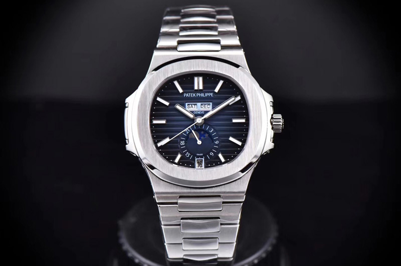 Patek Philippe Nautilus SS 5726/1A-014 PP Best Edition Blue Textured Dial Working Annual Calendaron on SS Bracelet A324