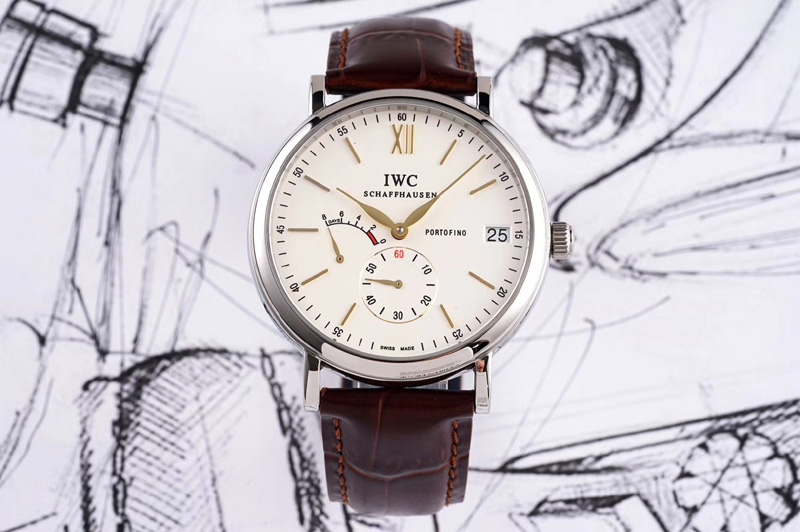 IWC Portofino Fake Power Reserve SS White Dial on Brown Leather Strap A23J
