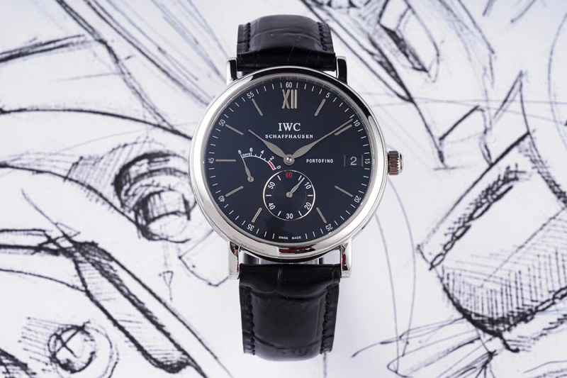 IWC Portofino Fake Power Reserve SS Black Dial on Black Leather Strap A23J
