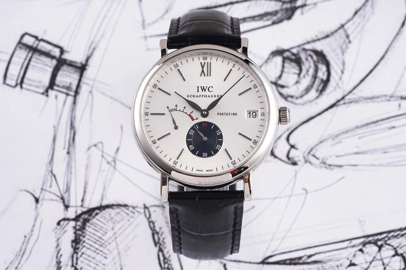 IWC Portofino Fake Power Reserve SS White/Black Dial on Black Leather Strap A23J