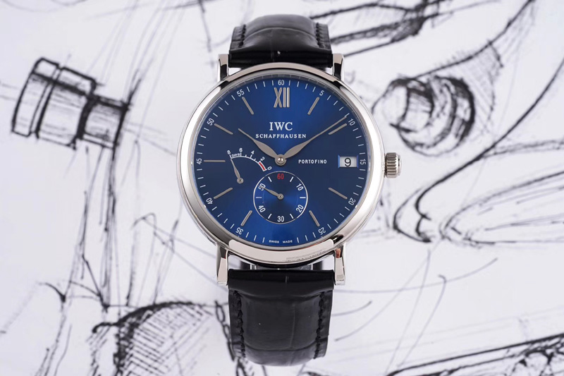 IWC Portofino Fake Power Reserve SS Blue Dial on Black Leather Strap A23J