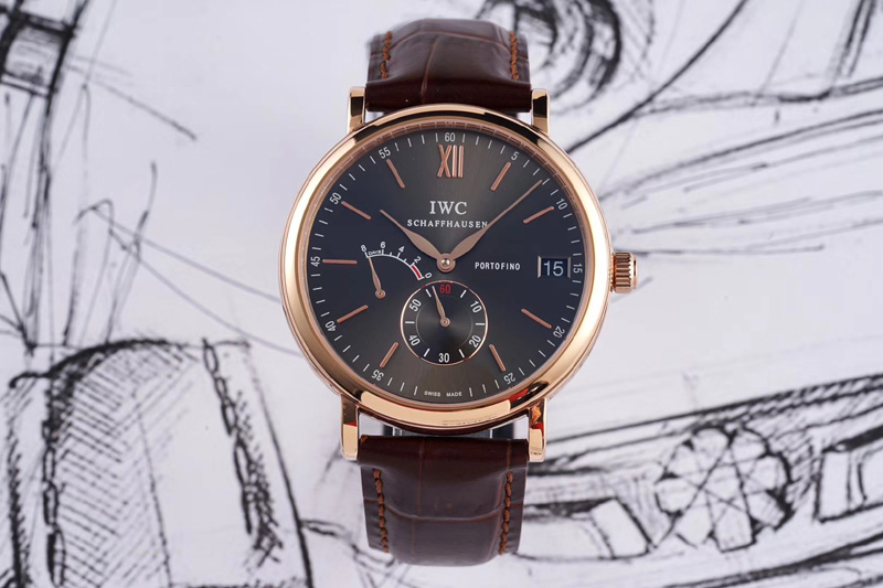 IWC Portofino Fake Power Reserve RG Gray Dial on Brown Leather Strap A23J