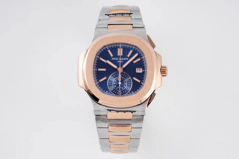 Patek Philippe Nautilus Chrono 5980 Rose Gold/SS 3K Best Edtion Blue Textured Dial on RG/SS Bracelet PP CH 28-520