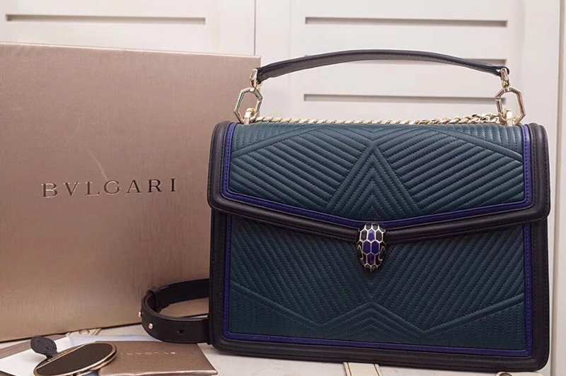 Bvlgari Serpenti Forever 286628 Serpenti Diamond Blast Top Handle Bags Green/Black Quilted Nappa Leather