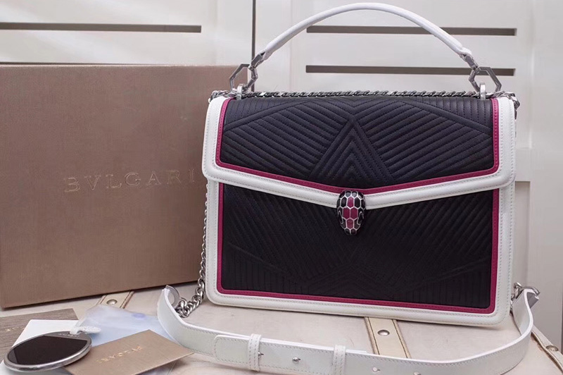 Bvlgari Serpenti Forever 286628 Serpenti Diamond Blast Top Handle Bags Black/White Quilted Nappa Leather