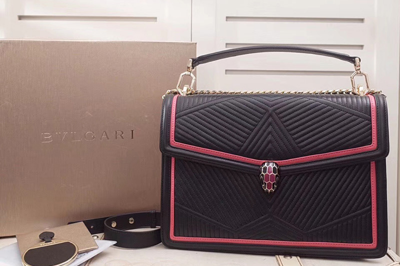 Bvlgari Serpenti Forever 286628 Serpenti Diamond Blast Top Handle Bags Black/Red Quilted Nappa Leather