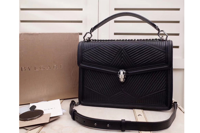 Bvlgari Serpenti Forever 286628 Serpenti Diamond Blast Top Handle Bags Black Quilted Nappa Leather