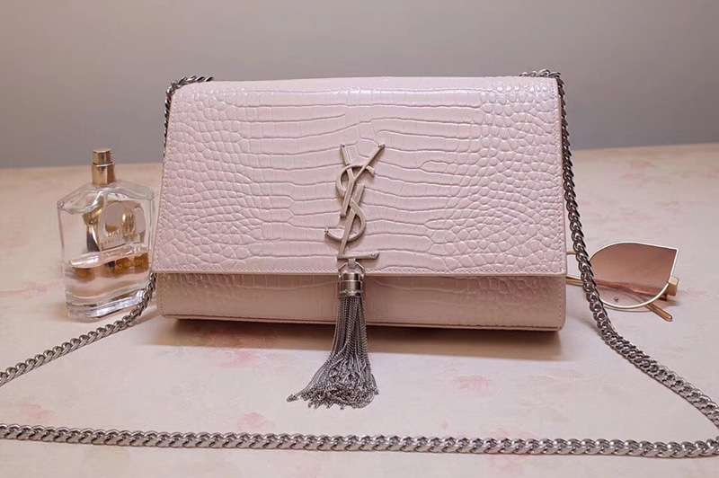Saint Laurent YSL 354119 Medium Kate Tassel Chain Bag Pink Crocodile Embossed Leather