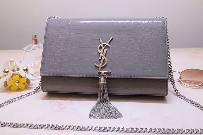 Saint Laurent YSL 354119 Medium Kate Tassel Chain Bag Gray Crocodile Embossed Leather