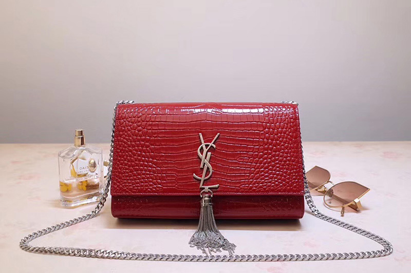 Saint Laurent YSL 354119 Medium Kate Tassel Chain Bag Red Crocodile Embossed Leather