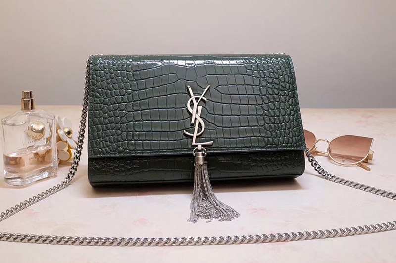 Saint Laurent YSL 354119 Medium Kate Tassel Chain Bag Green Crocodile Embossed Leather