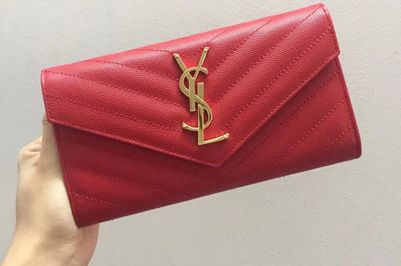 Saint Laurent YSL 372264 Monogram Large Flap Wallet in Red Grain de Poudre Embossed Leather