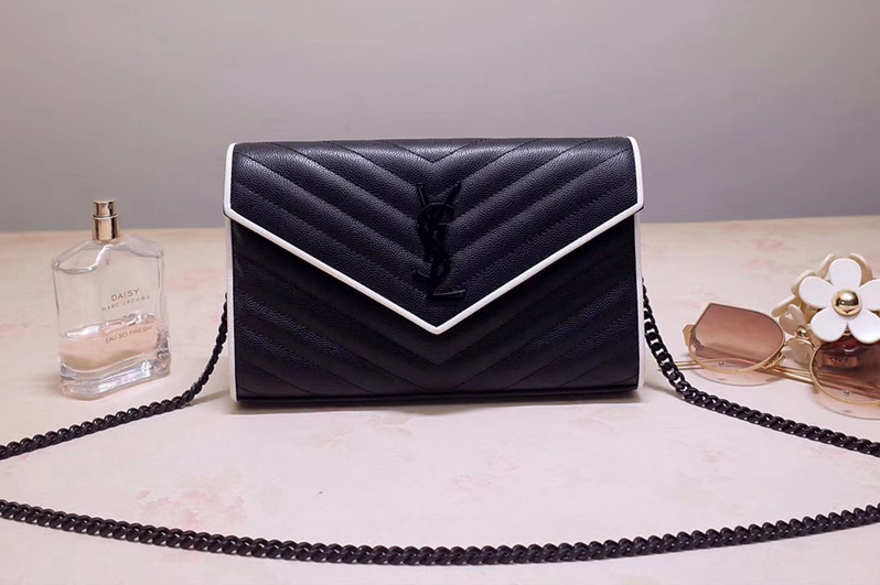 Saint Laurent YSL 377828 Monogram Chain Wallet Bags In Black Grain De Poudre Embossed Leather
