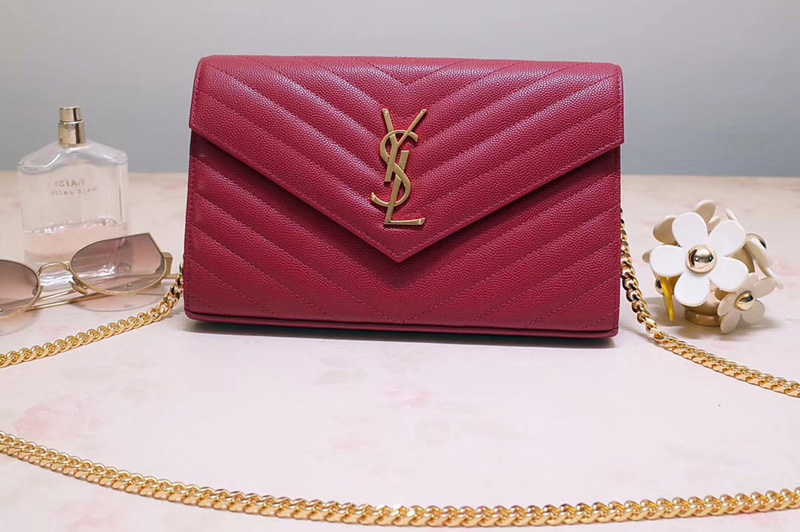 Saint Laurent YSL 377828 Monogram Chain Wallet Bags In Red Grain De Poudre Embossed Leather