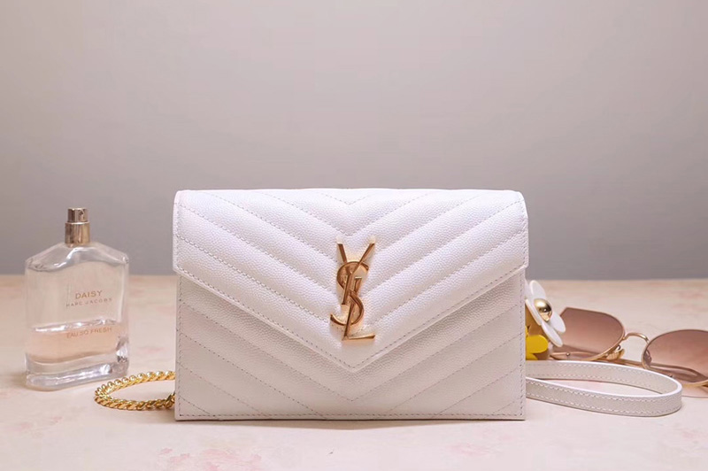 Saint Laurent YSL 393953 Envelope Chain Wallet Bags In White Grain De Poudre Embossed Leather