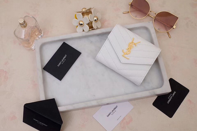 Saint Laurent YSL 403943 Monogram Compact Tri Fold Wallet In White Grain De Poudre Embossed Leather Gold YSL