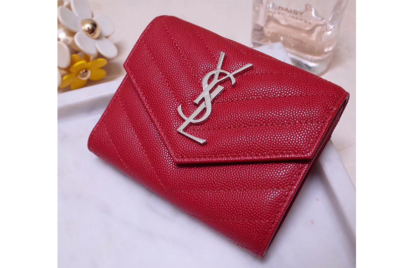 Saint Laurent YSL 403943 Monogram Compact Tri Fold Wallet In Red Grain De Poudre Embossed Leather Silver YSL