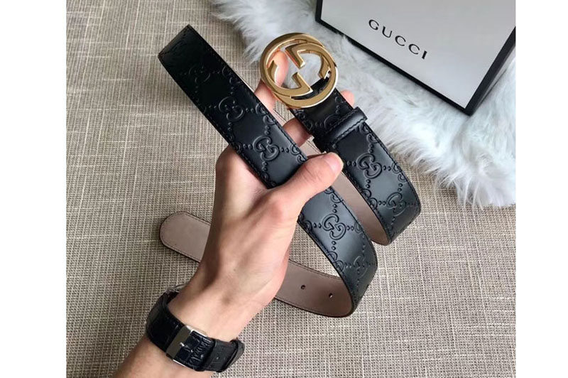 Gucci 409417 35mm Signature leather belt Black Leather Gold G buckle