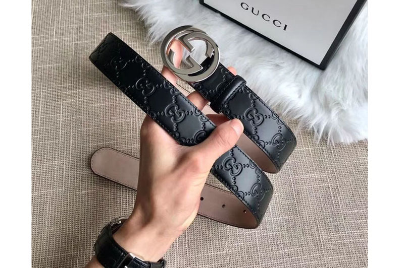Gucci 409417 35mm Signature leather belt Black Leather Silver G buckle