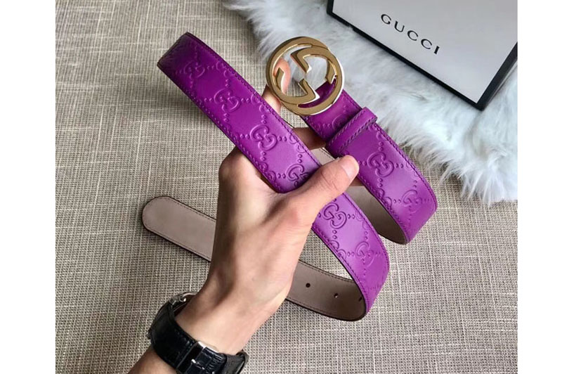 Gucci 409417 35mm Signature leather belt Purple Leather Gold G buckle