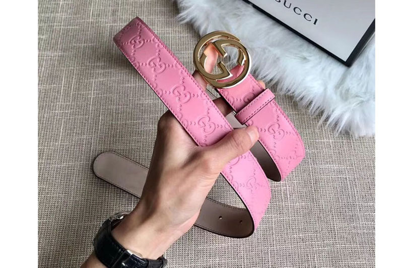 Gucci 409417 35mm Signature leather belt Pink Leather Gold G buckle