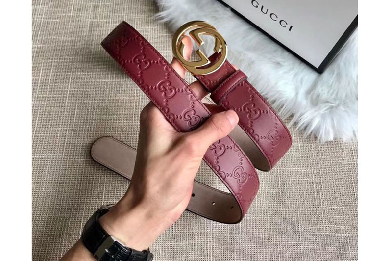 Gucci 409417 35mm Signature leather belt Red Leather Gold G buckle