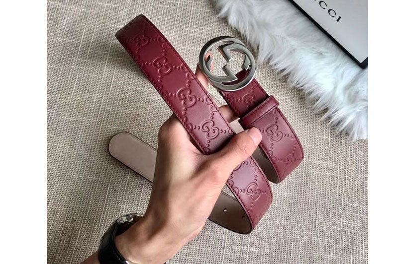 Gucci 409417 35mm Signature leather belt Red Leather Silver G buckle