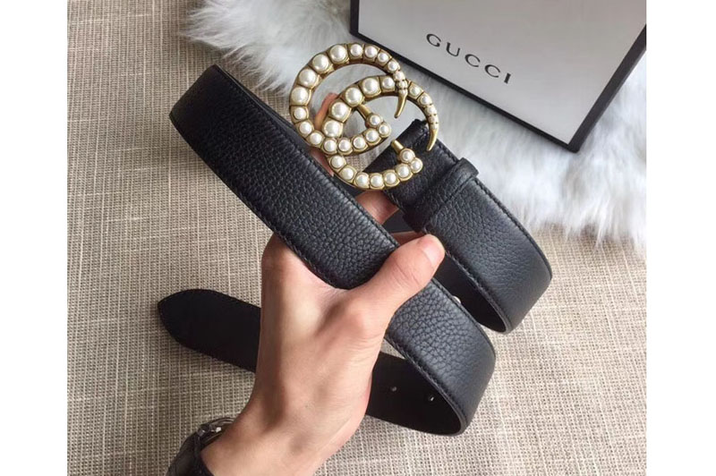 Gucci ‎414516 40mm Leather belt with Pearl Double G buckle Black Leather