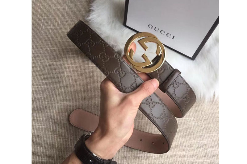 Gucci 411924 38mm Signature leather belt Brown Leather Gold Interlocking G buckle