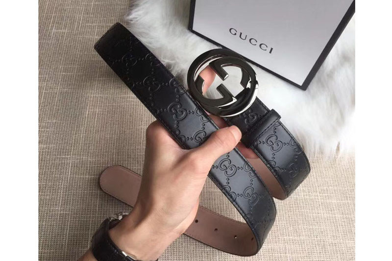 Gucci 411924 38mm Signature leather belt Black Leather Black Interlocking G buckle