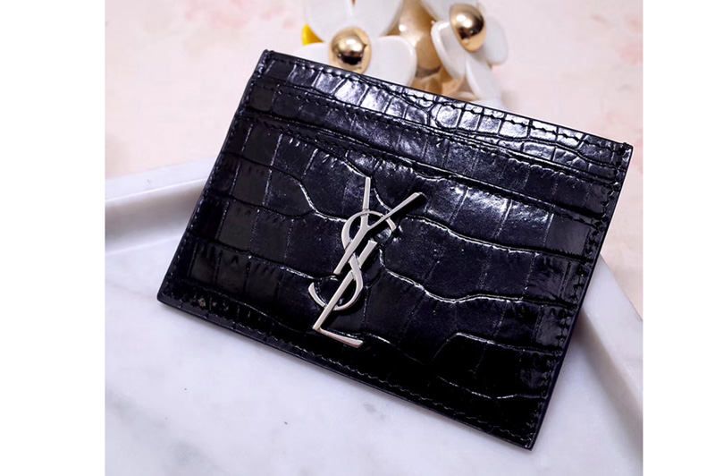 Saint Laurent YSL 423291 Monogram Card Case In Black Shiny Crocodile Embossed Leather Silver Hardware