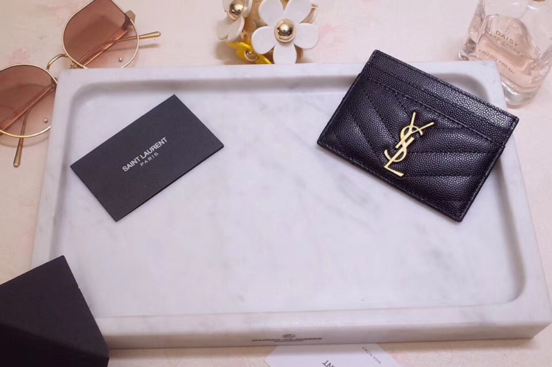Saint Laurent YSL 423291 Monogram Card Case In Black Grain de Poudre Embossed Leather Gold YSL