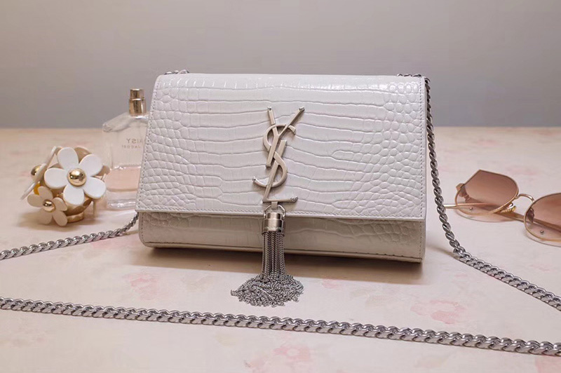 Saint Laurent 474366 Kate Small With Tassel Bags In White Embossed Crocodile Shiny Leather