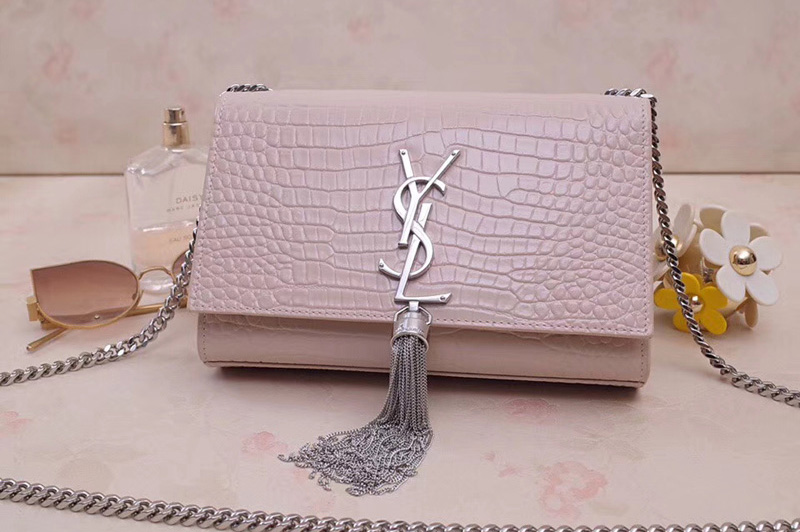 Saint Laurent 474366 Kate Small With Tassel Bags In Pink Embossed Crocodile Shiny Leather Silver Hardware