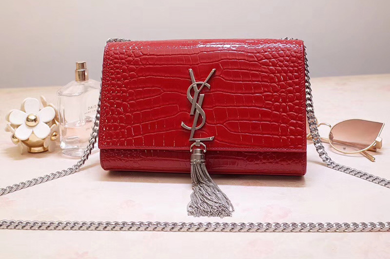 Saint Laurent 474366 Kate Small With Tassel Bags In Red Embossed Crocodile Shiny Leather