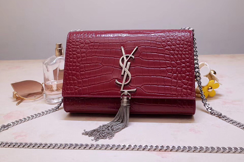 Saint Laurent 474366 Kate Small With Tassel Bags In Bordeaux Embossed Crocodile Shiny Leather