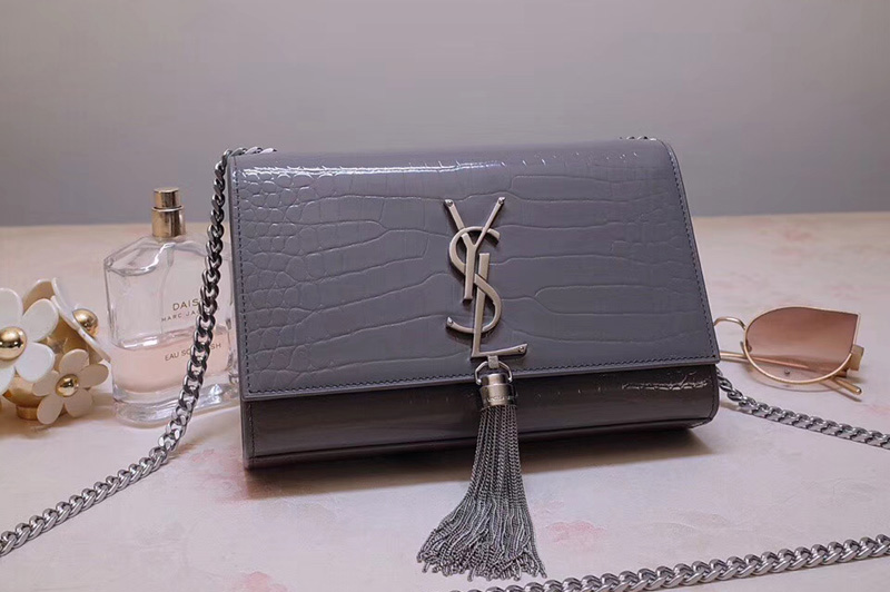 Saint Laurent 474366 Kate Small With Tassel Bags In Gray Embossed Crocodile Shiny Leather