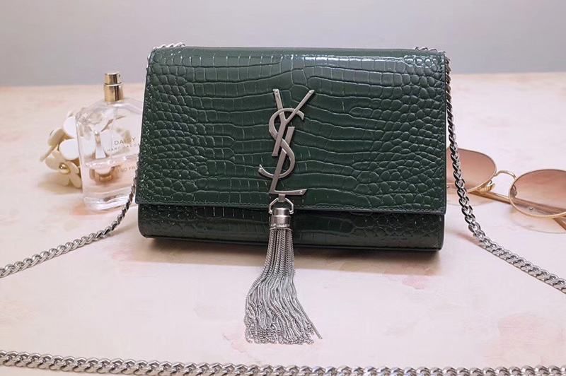 Saint Laurent 474366 Kate Small With Tassel Bags In Green Embossed Crocodile Shiny Leather